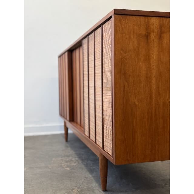 1960's Mainline Hooker Walnut & Caned Reversible Door Credenza For Sale - Image 12 of 15
