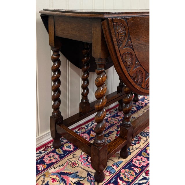 Antique English Table Drop Leaf Gateleg Carved Top Barley Twist Oak C. 1920-30s For Sale - Image 4 of 18