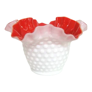 Kanawha Hobnail Style White Milk Glass Red Overlay Crimped Bowl Vase