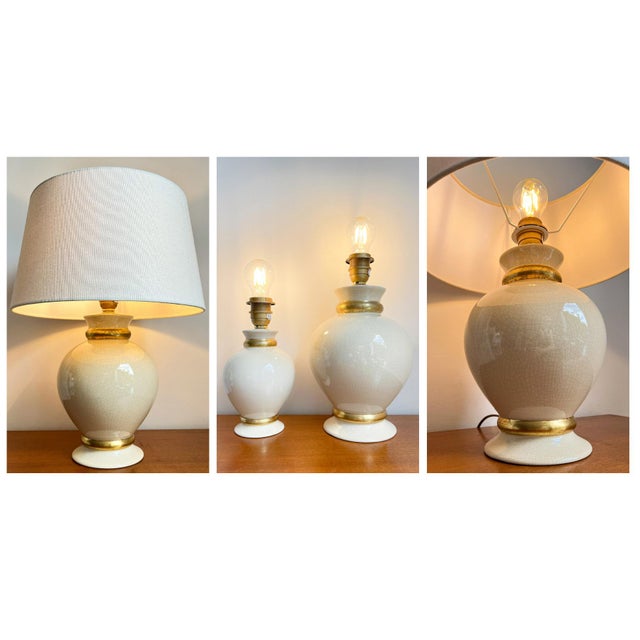 Vintage French Table Lamps in Ivory / Gold Crackled Ceramic from Maison Le Dauphin, 1970s, Set of 2 For Sale - Image 11 of 13