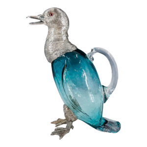 19th Century French Zoomorphic Duck Ewer in Blue Handblown Glass and Mixed Metal