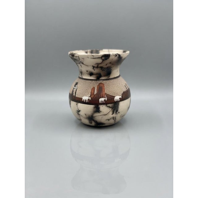 1980s Southwestern Horsehair Pottery Small Vase With Hand-Painted Desert Landscape For Sale - Image 4 of 7