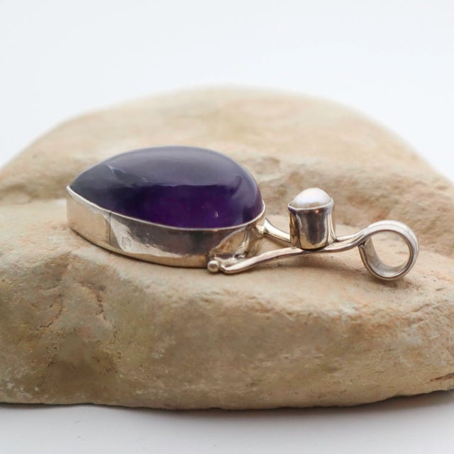 Vintage Amethyst With Pearl Sterling Silver Pendant For Sale - Image 11 of 13