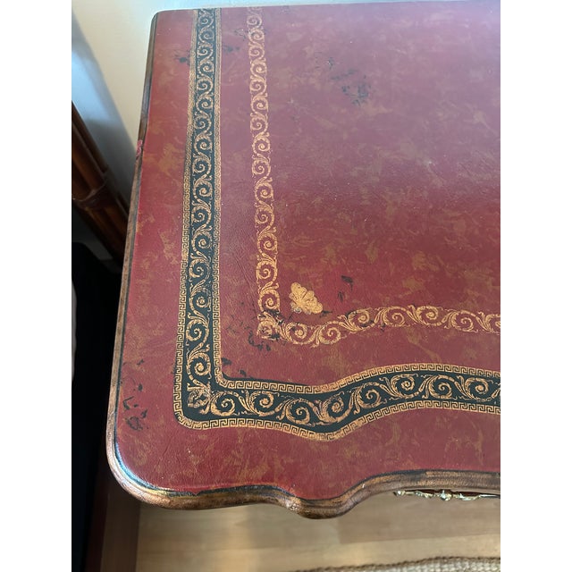 Late 20th Century Theodore Alexander Red Leather-Wrapped Serpentine Three-Drawer Chest With Gilt Decoration For Sale - Image 5 of 16