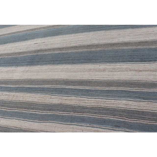 Textile Flat-Weave Modern Kilim Rug With Stripes in Shades of Blue Charcoal and Ivory For Sale - Image 7 of 13