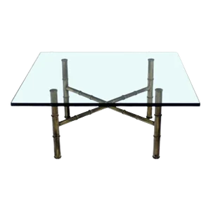 Mid Century Modern X Base Brass Faux Bamboo Square Glass Top Coffee Table