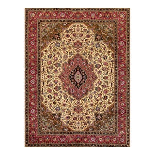 Refined Ivory Background Color With Rosette Claret Border Overall-Medallion Patterns Antique Persian Tabriz Rug For Sale