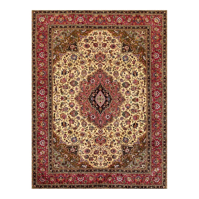 Refined Ivory Background Color With Rosette Claret Border Overall-Medallion Patterns Antique Persian Tabriz Rug For Sale