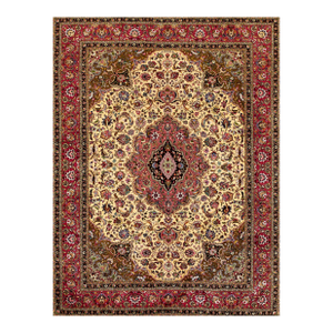 Refined Ivory Background Color With Rosette Claret Border Overall-Medallion Patterns Antique Persian Tabriz Rug