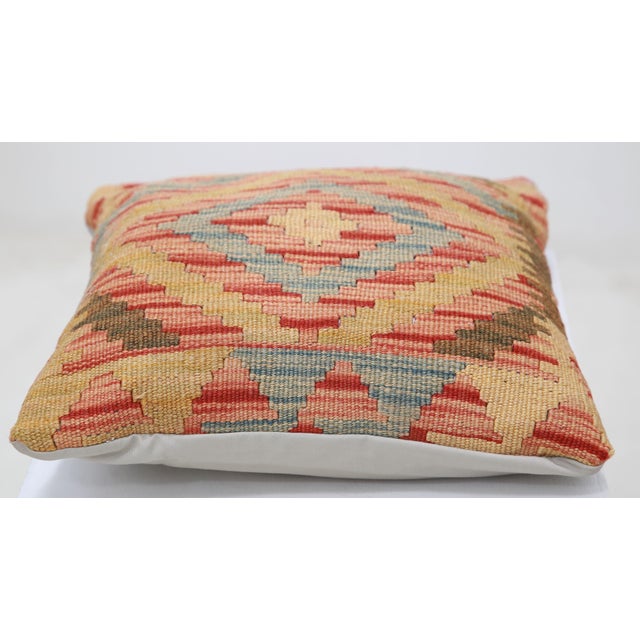 Tribal Arteverk Handwoven Afghan Kilim Pillow — Red & Salmon Diamond Medallion For Sale - Image 3 of 3