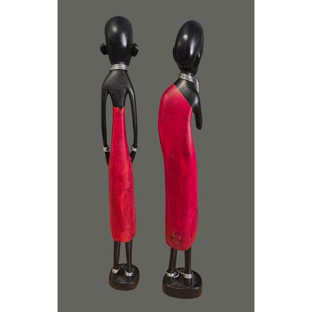 Wood African Figural Couple Carved Painted Wood Tribal Maasi Statuettes For Sale - Image 7 of 10