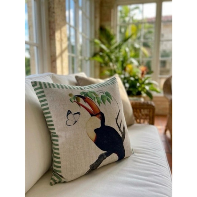 Textile Vintage British Colonial Style Linen Toucan Accent Pillow For Sale - Image 7 of 12
