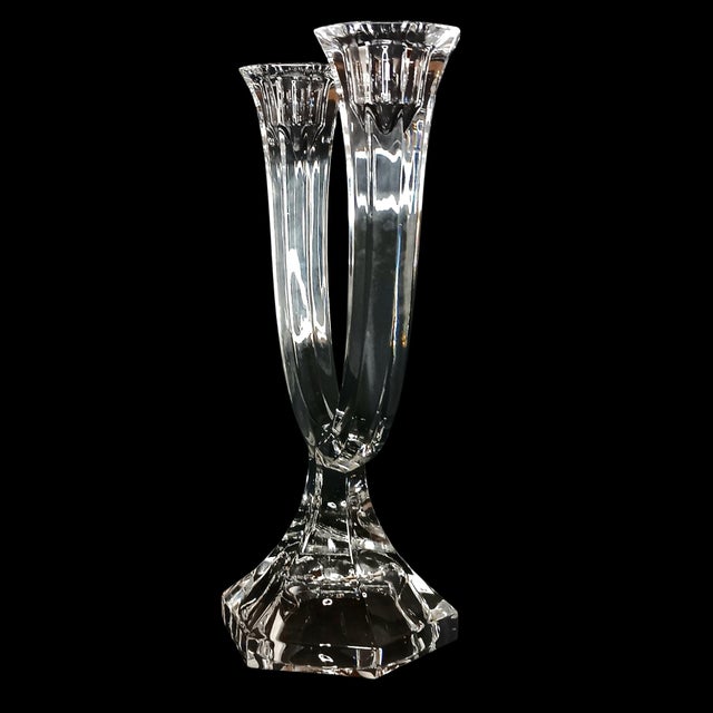 Glass Vintage Nachtmann Crystal Double Arm Candlestick Holder Clear Glass Candleabra For Sale - Image 7 of 11