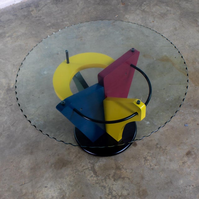 Late 20th Century Postmodern Dining Table Geometrical Pedestal Base & Round Scalloped Glass Top Style of Memphis Group For Sale - Image 9 of 18