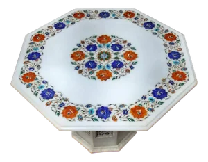 Marble Inlaid Coffee Tabletop 24 Inches With Lattice Art Pedestal
