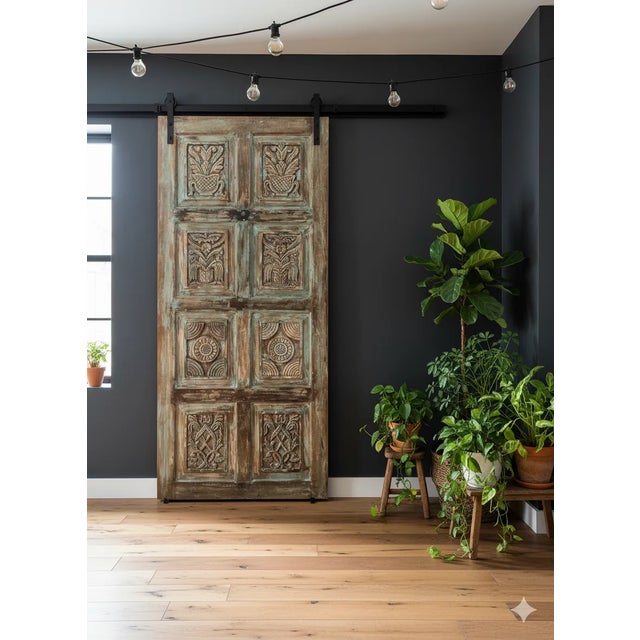 Green Vintage Green Artisan Carved Door – Reclaimed Wood Barn Door Wall Panel 80x36 For Sale - Image 8 of 8