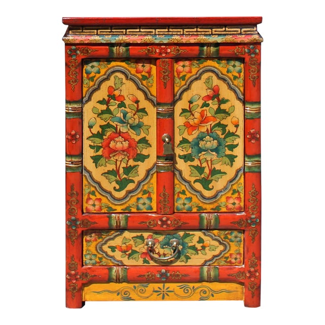 Orange Yellow Tibetan Floral End Table Nightstand Cabinet For Sale