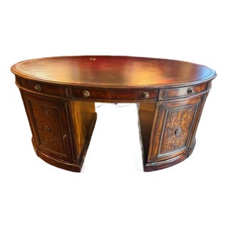 1970s Large Carved Mahogany Antique Style Leather Top Partners Desk For Sale