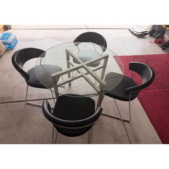 Calligaris Modern Round Glass Dining Chrome Metal Table W/ 4 Black Chairs For Sale - Image 11 of 11