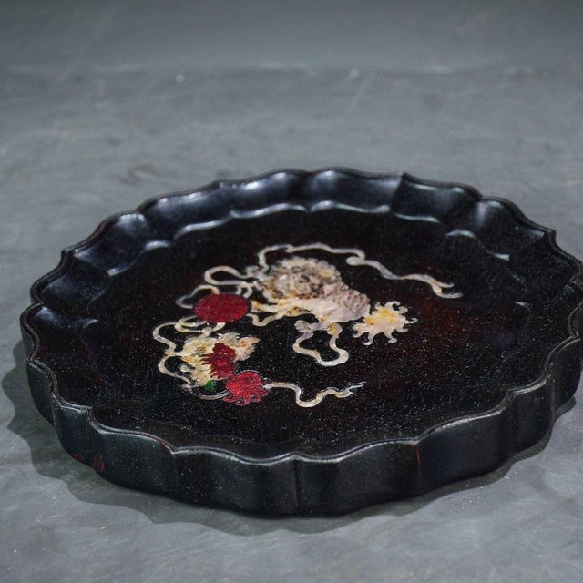 Chinese Vintage Chinese Zitan Wood Scalloped Tea Tray With Mother of Pearl Fu Lion & Ball Inlay For Sale - Image 3 of 10