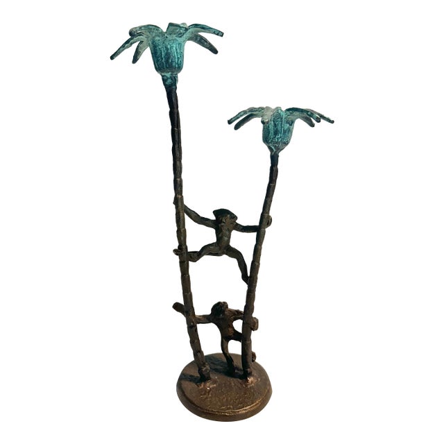 MCM Cast Iron Andrea by Sadek Monkeys and Palm Trees Candlestick Holder For Sale