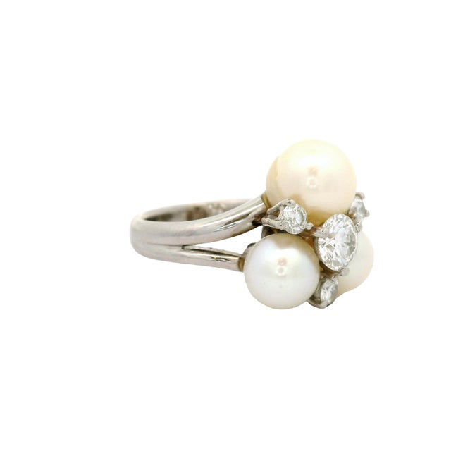 Akoya Pearl Diamond Platinum Cluster Ring, Size 5 For Sale - Image 4 of 6