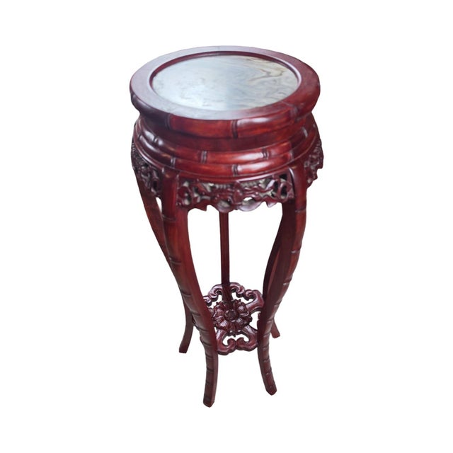 Late 20th Century Vintage Chinese Carved Mahogany Marble-Top Pedestal Plant Stand For Sale - Image 5 of 10