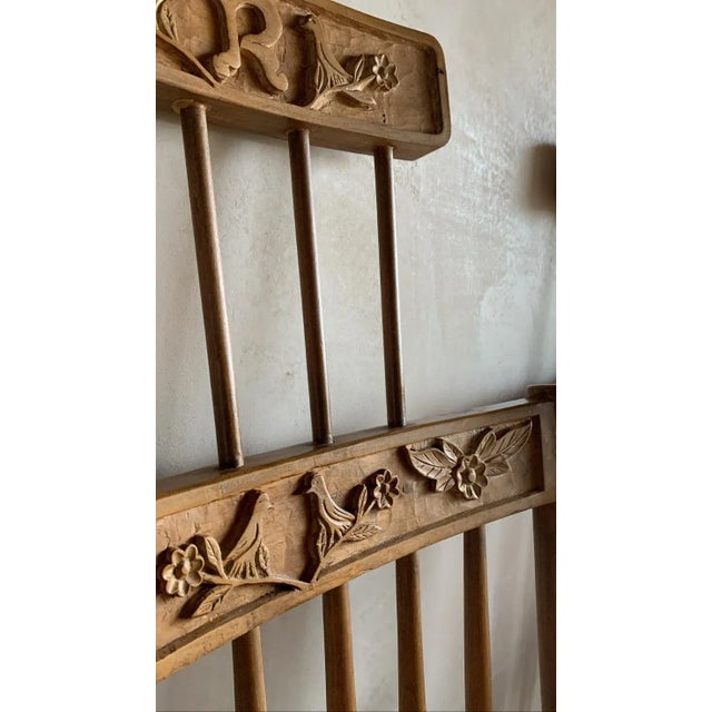 Brown Vintage Antique Rock Maple High Back Spindle Bobbin Heirloom Storybook Hand Carved Birds and Flowers With Initials Dining Chairs Armchairs- Set of 6 For Sale - Image 8 of 13