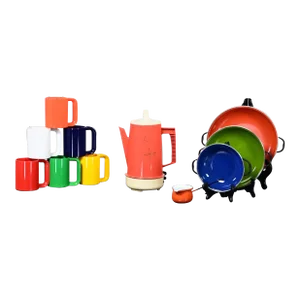 Mid-20th Century Enameled Cookware Orange Regal Poly Perk Coffee Pot & 6 Plastic Mugs a Set