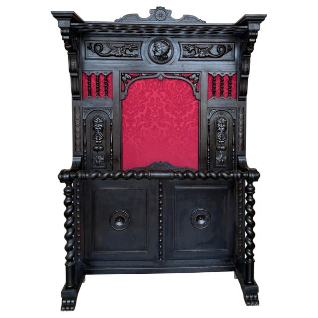 19th Large Carved Spanish Solid Walnut Coat Rack Stand with Red Damask Back For Sale - Image 15 of 18