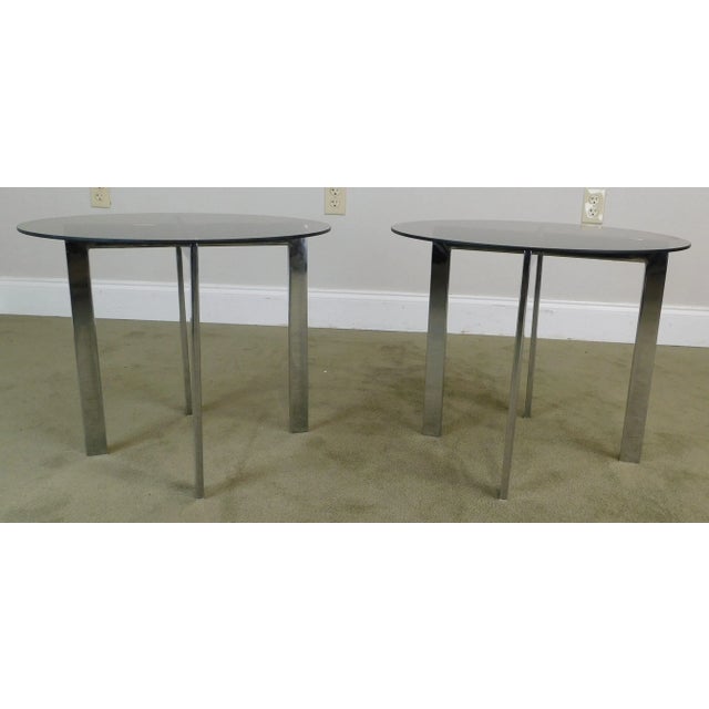 Mid-Century Modern Milo Baughman Style Mid-Century Chrome Base Round Smoked Glass Side Tables - a Pair For Sale - Image 3 of 13