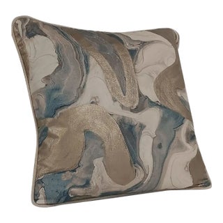 Marbelized Golden Teal Swirls of Cotton and Linen Canvas, Down Filled Pillow, Fabric Made in India For Sale