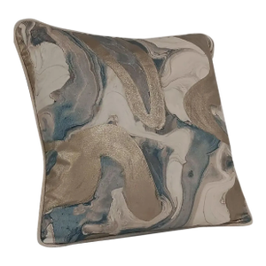 Marbelized Golden Teal Swirls of Cotton and Linen Canvas, Down Filled Pillow, Fabric Made in India