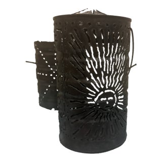 Mid-Century Brutalist Punched Metal Sunburst Lantern For Sale