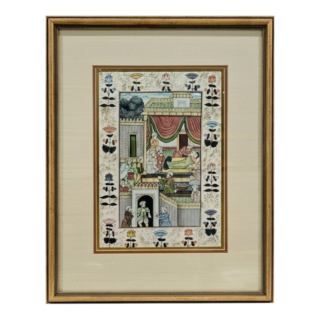 Hand-Painted Mughal Courtly Scene – Framed Art Depicting Emperor Akbar Era, Lake Palace Hotel Provenance For Sale