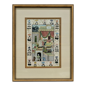 Hand-Painted Mughal Courtly Scene – Framed Art Depicting Emperor Akbar Era, Lake Palace Hotel Provenance