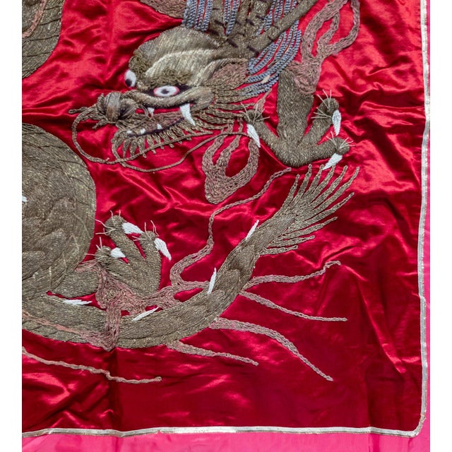 Red 19th Century Chinese or Japanese Textile With a Silk Gold Thread Dragon For Sale - Image 8 of 12