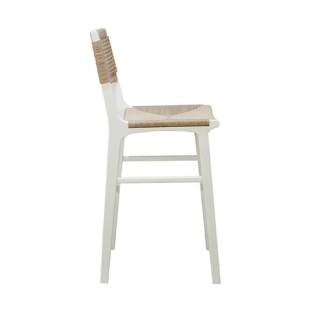 Worlds Away Matthew Izzo Home Carson Matte White Lacquer Bar Stool With Woven Back and Rush Seat For Sale - Image 4 of 7