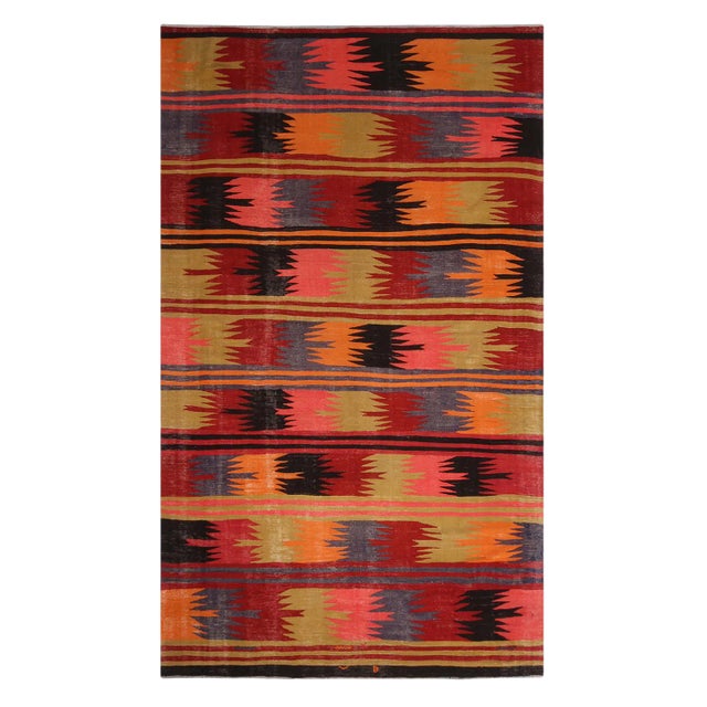 Vintage Mid-Century Afyon Geometric Multicolor Wool Kilim Rug-6′ × 9′7″ For Sale