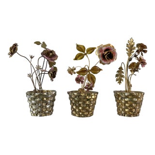 Set/3 Tole Flowers Potted in Gold Vermeil Baskets For Sale