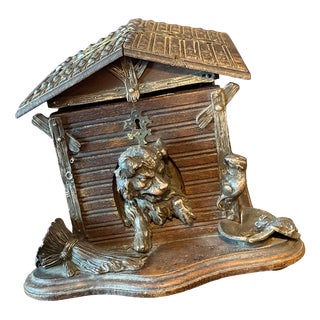 Antique Carved Wooden Cigar Humidor with Dog Decoration, 1890 For Sale