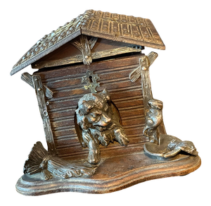 Antique Carved Wooden Cigar Humidor with Dog Decoration, 1890
