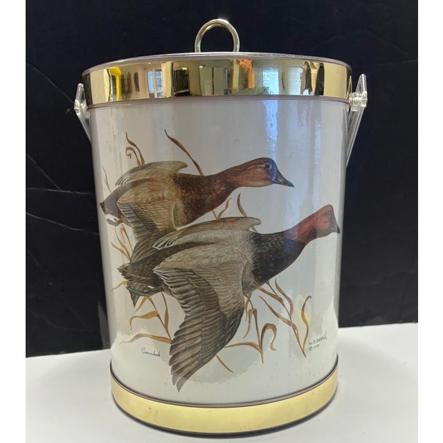 Plastic Vintage Attributed to Kraftware Ice Bucket With Ducks in Flight | Mid Century Barware | 1970s Gold Trim Wildlife Ice Bucket For Sale - Image 7 of 8