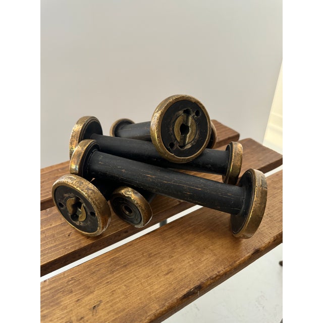 Set of Five Vintage, Brass Bound and Black Wood Bobbins For Sale - Image 10 of 11