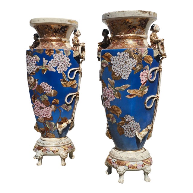 Antique Pair of Japanese Satsuma Ware Large Floor Vases W Stands For Sale
