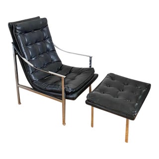 1970s Milo Baughman Style Black Vinyl Lounge Chair With Ottoman For Sale