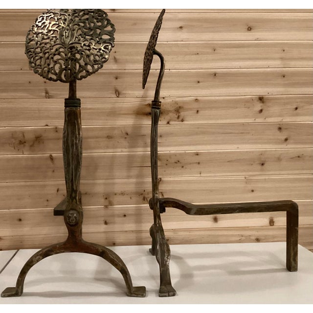 Arts & Crafts Late 19th Century Arts and Crafts Filagree Brass Rosette Andirons For Sale - Image 3 of 9