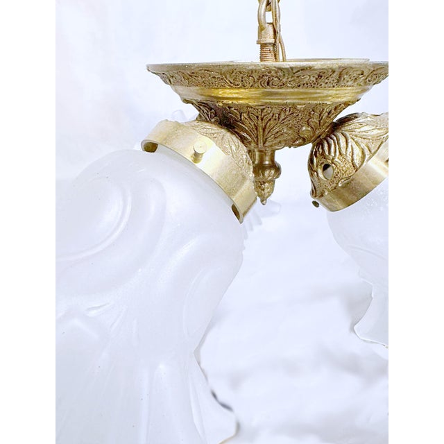 1950s Vintage 1950s Brass Chandelier With Frosted Glass Shades For Sale - Image 5 of 6