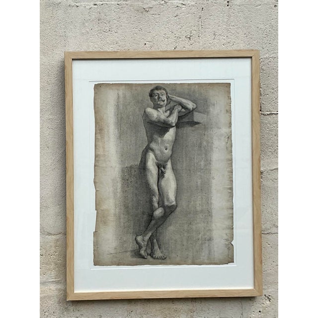 This powerful antique life drawing is a masterclass in the late 19th-century French Academic tradition. Rendered in...