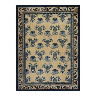 1980s Beige Asymmetric Greek Key Vintage Chinese Peking Rug Knotted Wool Carpet For Sale